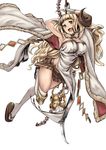  ahoge anila_(granblue_fantasy) armpits blonde_hair breasts cleavage draph eyebrows gloves granblue_fantasy highres horns large_breasts long_hair sandals sheep_horns simple_background smile socks solo thick_eyebrows thighs tomiokasena very_long_hair white_background white_gloves white_legwear 