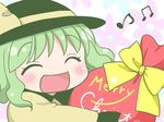  beamed_eighth_notes blush bow christmas closed_eyes commentary eighth_note english floral_background gift_bag green_hair hat hat_ribbon komeiji_koishi long_hair musical_note open_mouth ribbon smile solo star touhou yuzuna99 