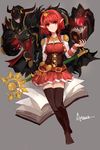  absurdres black_legwear book dungeon_and_fighter highres holding holding_book looking_at_viewer mage_(dungeon_and_fighter) naemperor pleated_skirt pointy_ears red_eyes red_hair red_skirt short_hair skirt solo staff summoner_(dungeon_and_fighter) thighhighs 