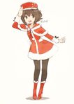  :d beige_background black_legwear boots brown_eyes brown_hair capelet character_name dress full_body fur_trim hair_between_eyes hand_on_forehead hat high_heels kamo_kamen kantai_collection long_sleeves looking_at_viewer open_mouth pantyhose pom_pom_(clothes) red_footwear ribbon salute santa_boots santa_costume seamed_legwear short_hair side-seamed_legwear simple_background smile solo teeth yukikaze_(kantai_collection) 