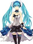  7th_dragon_(series) 7th_dragon_2020 absurdres bad_id bad_pixiv_id black_legwear blue_eyes blue_hair dress hatsune_miku headphones highres long_hair looking_at_viewer naemperor simple_background smile solo thighhighs twintails vocaloid white_background 
