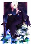  ahoge artoria_pendragon_(all) blonde_hair dark_excalibur dress excalibur fate/stay_night fate_(series) flower gothic_lolita hair_ribbon lolita_fashion ribbon saber_alter solo sword weapon yellow_eyes yude 