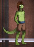 anthro brown_hair clothed clothing cute drake_searas green_eyes green_scales hair half-dressed happy lizardman long_hair male partially_clothed reptile scales scalie sevbd simple_background smile solo standing tongue tongue_out topless 