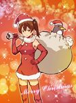  bag bangs bow brown_eyes brown_hair christmas commentary_request dress elbow_gloves failure_penguin fur_trim gloves hair_ribbon hand_on_hip hat kaga_(kantai_collection) kantai_collection looking_at_viewer merry_christmas miniskirt miss_cloud red_dress red_gloves red_legwear ribbon santa_costume santa_hat side_ponytail skirt sleeveless sleeveless_dress sparkle sparkle_background tamago_(yotsumi_works) thighhighs 