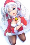  :d alternate_costume bad_id bad_pixiv_id bell black_legwear blue_eyes breasts christmas cleavage gloves kantai_collection kashima_(kantai_collection) large_breasts looking_at_viewer magenta_(atyana) mittens open_mouth pantyhose red_gloves sack santa_costume silver_hair simple_background smile solo twintails white_background 