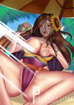  barefoot breasts breasts_outside brown_eyes brown_hair bush cameltoe character_name collarbone convenient_censoring covered_nipples day flower hair_between_eyes hair_flower hair_ornament large_breasts league_of_legends leona_(league_of_legends) long_hair lotion negister open_clothes open_mouth outdoors partially_visible_vulva sash shade shirt solo spaghetti_strap spread_legs sunflower_hair_ornament sunscreen swimsuit tree tube umbrella very_long_hair yellow_shirt 