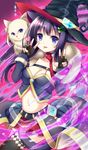  animal_ears black_hair blue_eyes breasts cat cat_ears cat_tail cleavage double_v hat long_hair medium_breasts midriff miyaa_mia original solo tail v witch_hat yatsuki_yura 