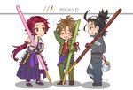  black_eyes black_hair brown_hair closed_eyes food food_on_face goggles goggles_on_head japanese_clothes male_focus multiple_boys nightcat nihongou_(touken_ranbu) otegine oversized_object pocky pocky_day ponytail red_eyes red_hair smile tonbokiri_(touken_ranbu) touken_ranbu 