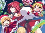  antlers bag blonde_hair closed_eyes clownpiece earth gloves grin hat hecatia_lapislazuli hemogurobin_a1c junko_(touhou) long_sleeves merry_christmas moon multiple_girls off_shoulder one_eye_closed open_mouth polos_crown red_eyes red_gloves red_hair reindeer_antlers santa_costume santa_hat smile touhou wide_sleeves 