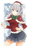  bad_id bad_pixiv_id blue_eyes blush breasts capelet hat hiki-wota kantai_collection kashima_(kantai_collection) large_breasts long_hair miniskirt santa_hat silver_hair skirt smile solo sweater twintails wavy_hair 