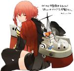  bird cannon chin_rest fairy_(kantai_collection) fletchling gen_6_pokemon gloves hair_bun hand_on_own_cheek hat hat_removed headwear_removed hms_orion_(siirakannu) kantai_collection looking_back machinery original peaked_cap pokemon red_eyes red_hair siirakannu simple_background sitting solo thighhighs uniform welding white_background zettai_ryouiki 
