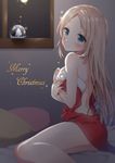  bare_shoulders blue_eyes blush breasts from_side long_hair looking_at_viewer masuishi_kinoto medium_breasts merry_christmas original smile snow_globe solo window 