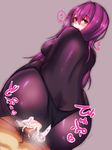  1girl absurdres ass blush bodysuit breasts breath censored clothed_sex cum cum_in_pussy ebon fate/grand_order fate_(series) hetero highres large_breasts long_hair looking_back penis purple_bodysuit purple_hair pussy red_eyes scathach_(fate)_(all) scathach_(fate/grand_order) sex solo_focus torn_bodysuit torn_clothes trembling underwear vaginal 