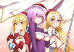 3girls :t artoria_pendragon_(all) bad_id bad_pixiv_id blonde_hair blush bowl breasts chopsticks cleavage cleavage_cutout covered_nipples fate/apocrypha fate/grand_order fate_(series) flag glasses green_eyes grey_eyes grin hair_over_one_eye hat jeanne_d'arc_(fate) jeanne_d'arc_(fate)_(all) large_breasts looking_at_viewer mash_kyrielight medium_breasts meme_attire multiple_girls open-chest_sweater purple_eyes purple_hair ribbed_sweater saber santa_hat shijiu_(adamhutt) short_hair smile sweater turtleneck underboob underboob_cutout 