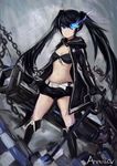  absurdres artist_name belt black_bikini_top black_gloves black_hair black_rock_shooter black_rock_shooter_(character) black_shorts blue_eyes breasts burning_eye chain cleavage front-tie_bikini front-tie_top gloves highres long_hair looking_at_viewer medium_breasts naemperor navel short_shorts shorts solo twintails 