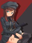  a9b_(louis814) beretta_model_38 brown_hair cartridge commentary_request federica_n_doglio green_eyes gun hat helmet highres italy long_hair looking_at_viewer magazine_(weapon) military military_uniform sitting smile solo submachine_gun thighhighs uniform weapon world_witches_series 