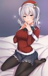  aran_sweater bad_id bad_pixiv_id breasts hair_ornament hat highres jewelry kantai_collection kashima_(kantai_collection) kyuuso_inukami large_breasts long_hair long_legs miniskirt pantyhose pleated_skirt ring silver_hair skirt smile solo sweater twintails wedding_band 