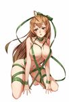  ahoge bad_id bad_pixiv_id bi_ge_xing breasts cleavage colored_eyelashes convenient_censoring green_eyes green_ribbon groin jpeg_artifacts kneeling large_breasts light_brown_hair looking_to_the_side naked_ribbon navel open_mouth original ribbon skindentation solo 