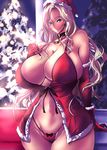  aqua_eyes bare_shoulders bell bell_collar blonde_hair breasts christmas christmas_tree cleavage collar curvy elbow_gloves gloves huge_breasts long_hair looking_at_viewer navel original red_gloves santa_costume smile solo umino_mokuzu_(a4_size) wide_hips 