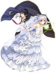  1girl bare_shoulders black_hair bridal_gauntlets cape clenched_hand dress glenn_radars gloves green_eyes long_hair magic mishima_kurone necktie rokudenashi_majutsu_koushi_to_akashic_record silver_hair simple_background sistine_fiber wedding_dress white_gloves 