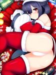  ahoge alternate_costume ass breasts couch covered_nipples dress hair_flaps hat kantai_collection large_breasts light_smile long_hair looking_at_viewer low_twintails lying off_shoulder on_couch panties pantyshot pantyshot_(lying) puffy_nipples purple_hair red_dress red_eyes red_legwear santa_hat solo stuffed_animal stuffed_toy taigei_(kantai_collection) tenken_(gotannda) thighhighs twintails underwear white_panties 