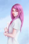  artist_name bad_id bad_pixiv_id bangs blue_background eyelashes flyer from_side glasses gradient gradient_background highres holding holding_paper kamishiro_rize lips long_hair looking_at_viewer looking_to_the_side miura-n315 paper parted_lips pink_eyes pink_hair red-framed_eyewear semi-rimless_eyewear shirt short_sleeves simple_background solo swept_bangs tokyo_ghoul under-rim_eyewear watermark web_address white_shirt 
