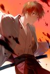  blood brown_hair gintama hakama haori japanese_clothes looking_at_viewer male_focus md5_mismatch okita_sougo red_eyes runia solo sunset weapon 