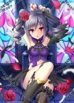  armpits arms_up bare_shoulders black_legwear blush breasts brooch chain drill_hair flower grey_hair hair_flower hair_ornament idolmaster idolmaster_cinderella_girls jewelry kanzaki_ranko long_hair looking_at_viewer medium_breasts nail_polish open_mouth purple_nails red_eyes rose rosenburg_engel single_thighhigh solo stained_glass thighhighs torn_clothes twin_drills twintails urabi_(tomatohouse) wings 