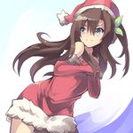  bare_shoulders blush bow brown_hair christmas green_eyes hair_between_eyes hair_bow hair_ornament hands_on_own_chest hat highres if_(choujigen_game_neptune) long_hair neptune_(series) normaland santa_costume santa_hat solo wavy_mouth 