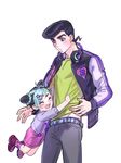  1girl aqua_hair belt black_hair child closed_eyes double_bun hair_ornament hairclip headphones headphones_around_neck higashikata_jousuke jacket jojo_no_kimyou_na_bouken kuujou_jolyne multicolored_hair open_mouth pompadour purple_hair reammara shorts smile socks star star_hair_ornament star_print suspenders two-tone_hair younger 