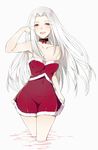  :d aemu_(august_life) arm_up armpits breasts choker cleavage fate/zero fate_(series) highres irisviel_von_einzbern long_hair looking_at_viewer medium_breasts navel open_mouth panties red_eyes santa_costume see-through silver_hair simple_background smile solo underwear very_long_hair white_background 