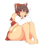  1girl ahoge ass bad_feet bare_shoulders blush bow brown_hair crossed_arms d: detached_sleeves fat fat_folds hair_bow hair_tubes hakurei_reimu highres legs long_hair looking_at_viewer nengorogoro obese open_mouth red_eyes shy sitting skirt solo thick_thighs thighs touhou undersized_clothes upskirt 