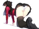  all_fours ass black_legwear blue_eyes blush crotch_seam fate/stay_night fate_(series) hair_ribbon highres kyokucho loafers long_hair long_legs looking_at_viewer looking_back md5_mismatch panties ribbon shoes simple_background skirt solo thighhighs toosaka_rin two_side_up underwear white_background white_panties 