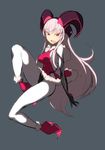  :d blush bodysuit breasts dress electro_alice fingerless_gloves full_body gloves grey_background headgear high_heels horns ken_(koala) long_hair looking_at_viewer medium_breasts open_mouth original red_eyes short_dress simple_background smile solo white_hair 