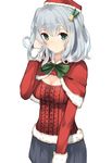  aran_sweater blue_eyes blush breasts capelet gin00 hat highres kantai_collection kashima_(kantai_collection) looking_at_viewer medium_breasts red_capelet santa_costume silver_hair solo sweater twintails 