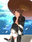  ^_^ ahoge bad_id bad_pixiv_id blurry braid brown_hair chin_rest chinese_clothes closed_eyes cloud cloudy_sky crossed_legs gintama hair_over_shoulder hand_on_own_cheek head_tilt highres kamui_(gintama) long_hair male_focus open_mouth oriental_umbrella parasol petals sennen_suisei single_braid sitting sky sleeves_past_elbows sleeves_rolled_up smile solo umbrella 