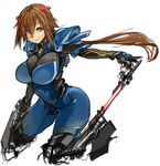  blue_eyes bodysuit borrowed_character breasts brown_hair commentary_request holding holding_weapon huge_breasts long_hair looking_at_viewer original sachito simple_background solo weapon white_background 