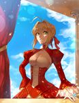  ahoge blonde_hair braid breasts cleavage cleavage_cutout cloud corset curtains day epaulettes fate/extra fate_(series) green_eyes hair_intakes hair_ribbon hand_on_hip looking_to_the_side medium_breasts nero_claudius_(fate) nero_claudius_(fate)_(all) pillar puffy_sleeves ribbon sky smile solo yepnean 