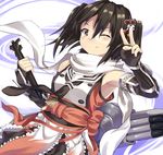  ;) bangs brown_hair double-breasted elbow_gloves gloves hair_ornament highres holding holding_torpedo kantai_collection looking_at_viewer normaland one_eye_closed remodel_(kantai_collection) sash scarf sendai_(kantai_collection) short_hair smile solo torpedo two_side_up v white_scarf yellow_eyes 