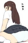  accio ass blue_panties brown_eyes brown_hair character_name crotch_seam highres long_hair looking_at_viewer looking_back original panties ponytail simple_background sitting skirt socks solo sweatdrop tanuma_miyuki thighs underwear wariza white_background white_legwear white_panties 