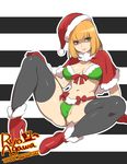  agawa_ryou bangs bikini black_legwear blonde_hair blunt_bangs breasts brown_eyes capelet christmas cleavage green_bikini hat high_heels looking_at_viewer medium_breasts midorikawa_hana navel prison_school santa_hat sitting solo swimsuit thighhighs 