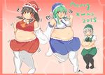  &gt;:( 2015 3girls :3 :d angry ascot belly_grab big_belly black_hair black_legwear blush border breasts deep_skin detached_sleeves fang fat fat_folds frown full-face_blush green_eyes green_hair hair_ornament hair_tubes hakurei_reimu hat heart heart-shaped_pupils highres holding_hands jumping kochiya_sanae konpaku_youmu large_breasts long_hair medium_breasts merry_christmas midriff multiple_girls navel necktie nengorogoro nervous nervous_smile obese open_mouth pantyhose red_border red_eyes santa_hat short_hair shy silver_hair skirt smile snake_hair_ornament standing standing_on_one_leg sweatdrop symbol-shaped_pupils touhou undersized_clothes v-shaped_eyebrows wide_hips wide_sleeves yellow_eyes 