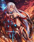  armor bikini_armor black_legwear blue_eyes breasts cleavage elbow_gloves gloves grin large_breasts long_hair looking_at_viewer navel navel_cutout official_art panties red_gloves red_panties remana silver_hair smile solo sword thighhighs underwear unmei_no_clan_battle weapon 