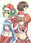  aussa bare_shoulders blue_eyes blue_hair blush breasts brown_eyes brown_hair christmas duel_monster eria glasses gloves green_eyes green_hair hat highres hiita long_hair looking_at_viewer multiple_girls navel normaland one_eye_closed ribbon santa_costume santa_hat short_hair side_ponytail small_breasts smile v wynn yuu-gi-ou 