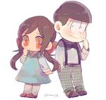  1girl :&gt; alternate_costume axis_powers_hetalia bow bowtie brown_hair chibi crossover dress green_eyes hair_ribbon highres long_hair matsuno_choromatsu momoyo_(mm29) orange_eyes osomatsu-kun osomatsu-san pants plaid plaid_pants ribbon seychelles_(hetalia) short_hair simple_background suspenders twintails twitter_username white_background 