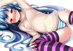  ass_visible_through_thighs blue_hair blue_panties blush breasts cameltoe crotch_seam long_hair looking_at_viewer lying no_pants on_side original panties red_eyes ribbed_sweater simple_background small_breasts smile solo striped striped_legwear striped_panties sukesan sweater thighhighs underwear white_background 
