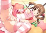  breasts brown_eyes brown_hair censored chef_uniform cum cum_on_body cum_on_hair cum_on_lower_body dress dutch_angle facial gennosuke hair_bobbles hair_ornament heart heart_pillow idolmaster idolmaster_cinderella_girls long_hair looking_at_viewer lying masturbation medium_breasts nipples on_back one_eye_closed pillow pussy solo spread_pussy striped striped_legwear thighhighs totoki_airi twintails wince 