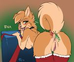  2015 anthro anus blush butt canine christmas clothing dog female fluff-kevlar green_eyes holidays looking_at_viewer mammal mistletoe plant pussy rika_(character) solo 