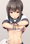  admiral_(kantai_collection) belly_poke blush breasts brown_hair fubuki_(kantai_collection) gloves highres ichikawa_feesu kantai_collection long_hair midriff navel open_mouth poking pov ribs school_uniform serafuku shirt_lift short_hair sidelocks simple_background skirt small_breasts solo_focus stomach underboob undressing white_gloves 