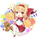  blonde_hair cheering cheerleader fang flandre_scarlet hair_ribbon looking_at_viewer open_mouth paragasu_(parags112) pom_poms red_eyes ribbon shirt side_ponytail skirt smile solo star stuffed_animal stuffed_toy teddy_bear thighhighs touhou white_legwear wings 